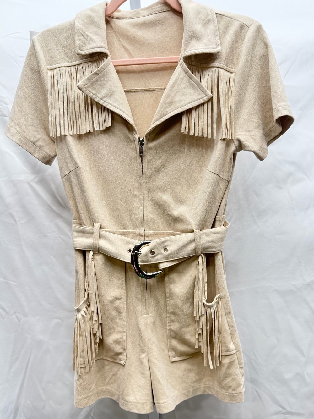 Beige Fringe Short-Sleeve Belted Romper